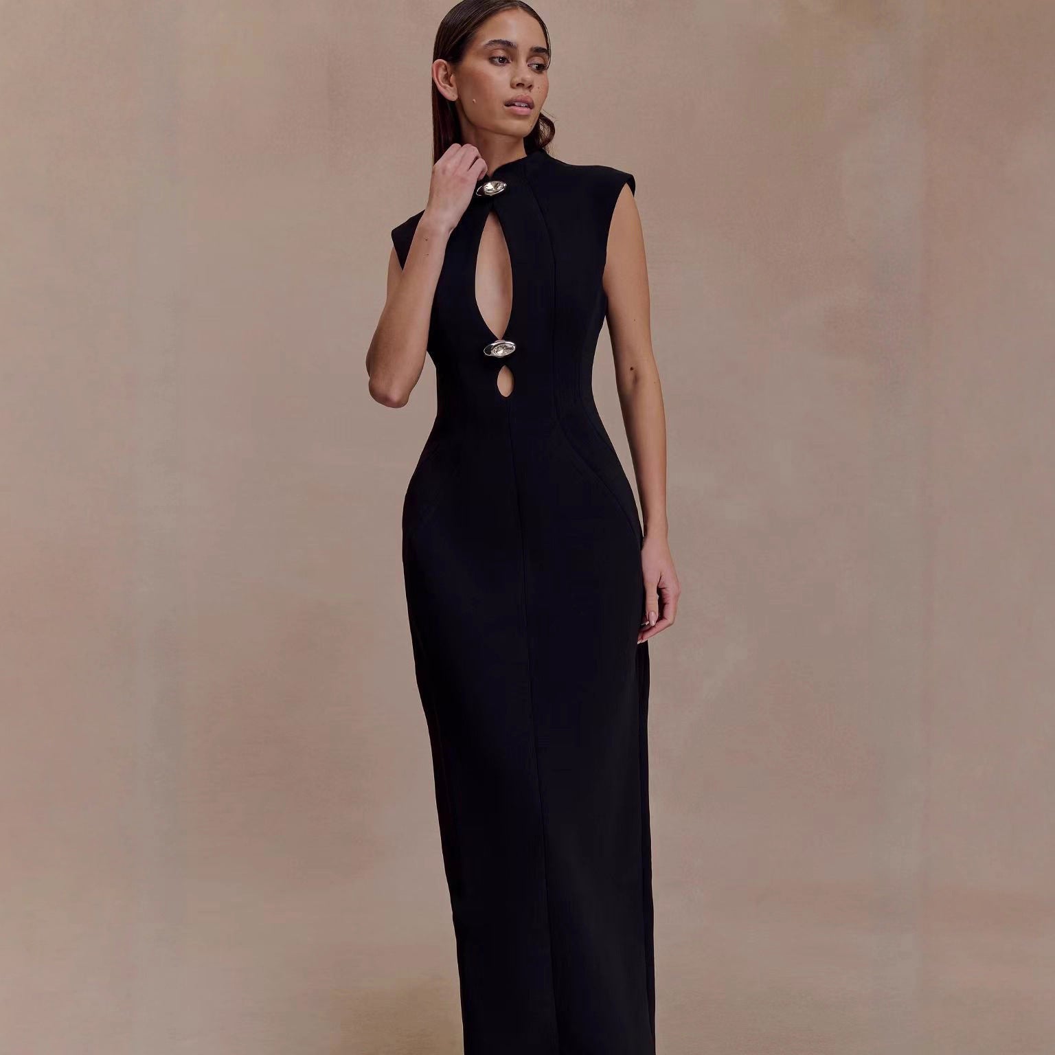 Sleeveless Mock Neck Double Cut Out Hardware Bodycon Maxi Gown - View 2