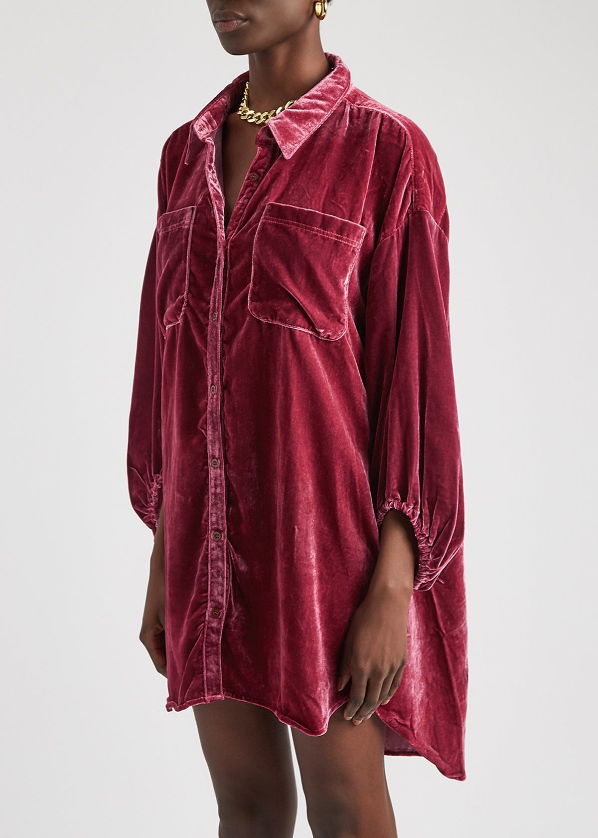 Vintage Bishop Sleeve Button Up Velvet High Low Shirt Dress - Wine Red - View 2