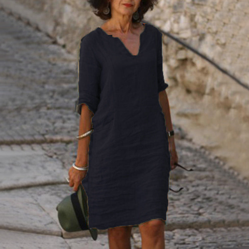 Split Neck Short Sleeve Pocket Shift Midi Dress 7