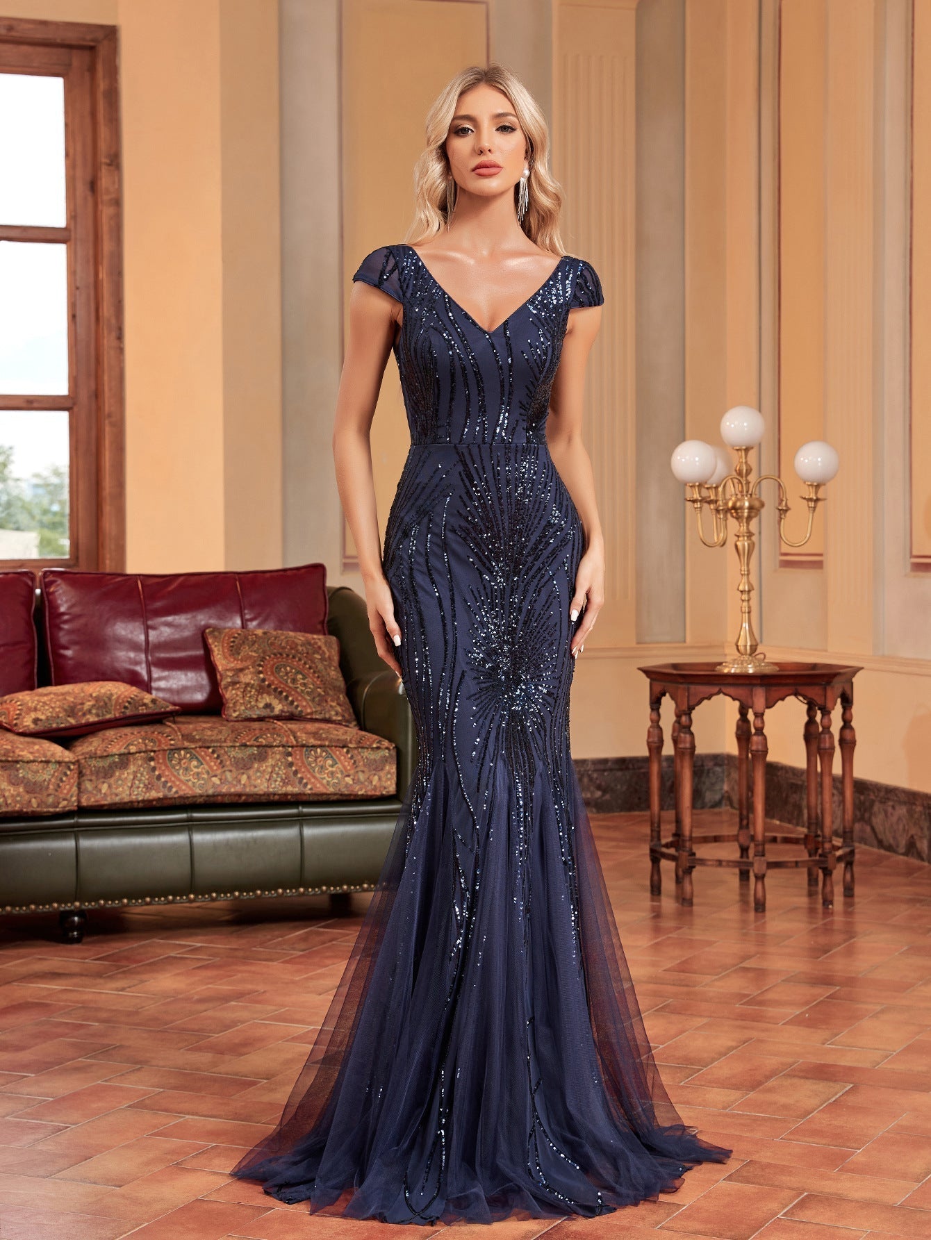 Sequin V-Neck Cap Sleeve Tulle Mermaid Maxi Gown