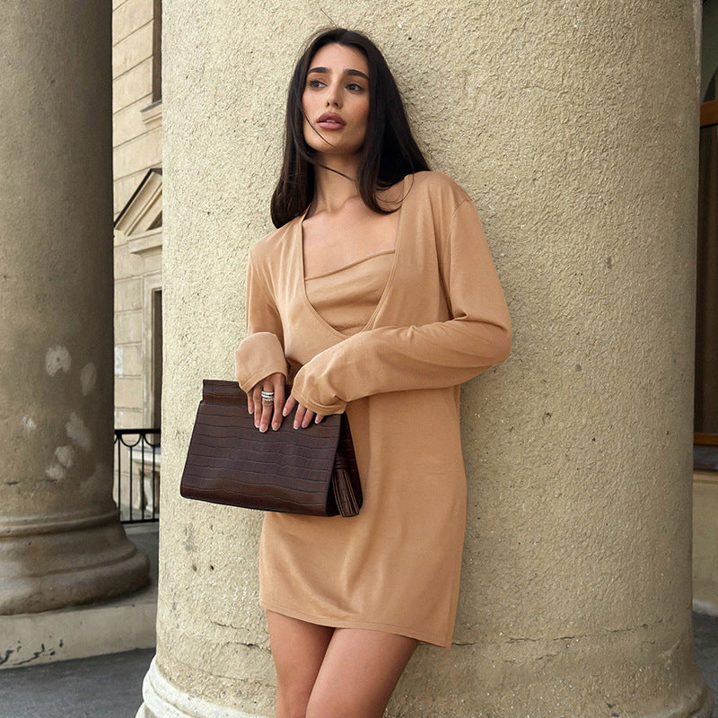Women Clothing Autumn Suspender Inner Wear Big Neckline Waist Two Piece Dress