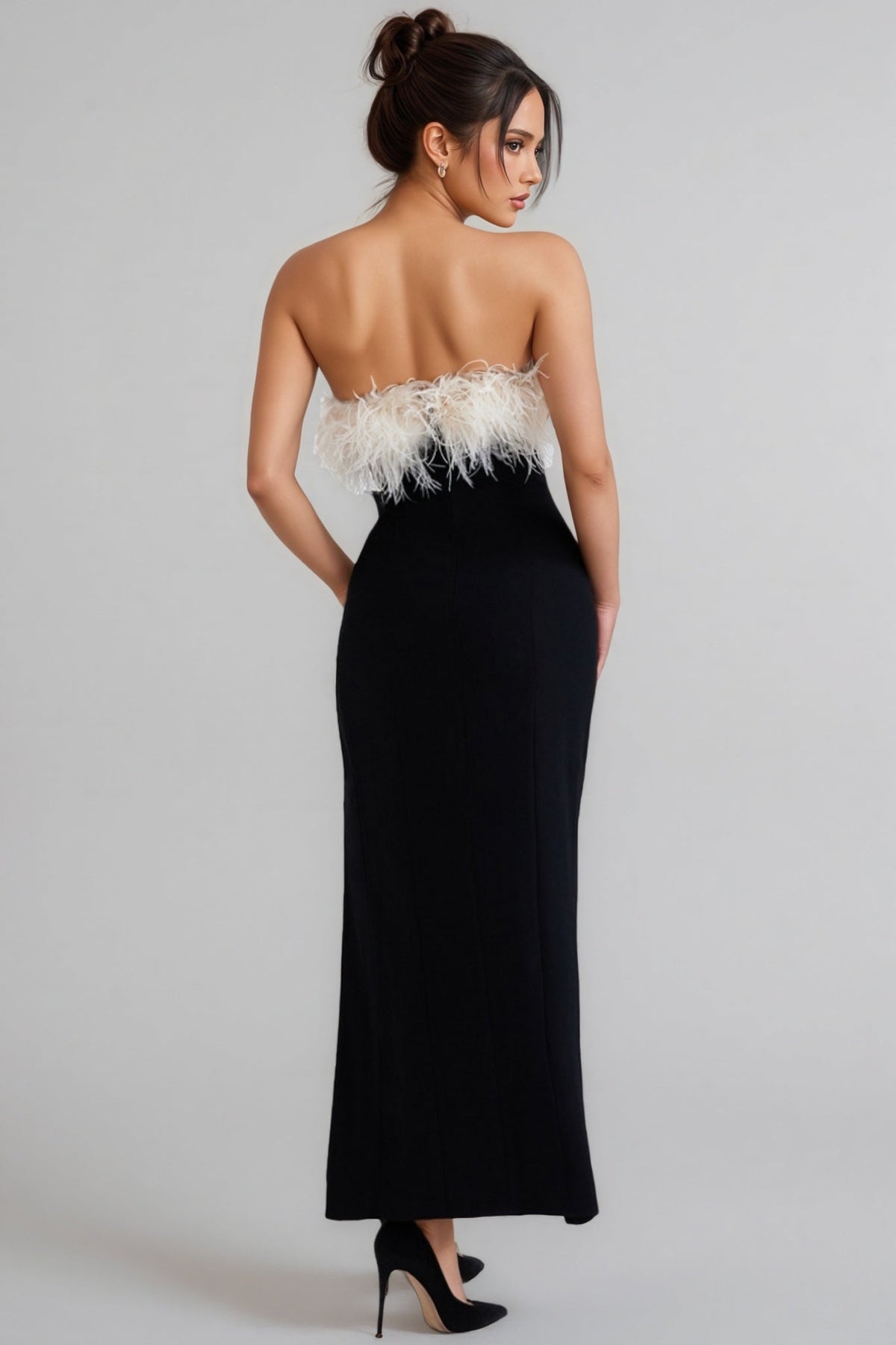 Strapless Feather Trim Bust High Split Bodycon Midi Dress 4