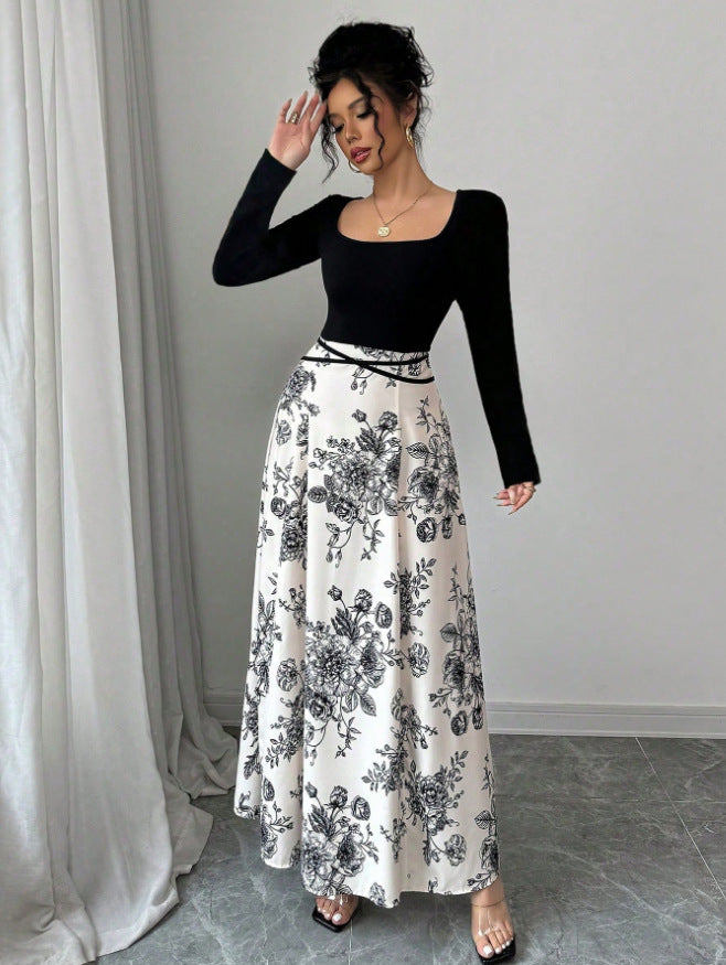Floral Print Skirt Square Neck Short Sleeve Tie Waist A-Line Maxi Dress 2