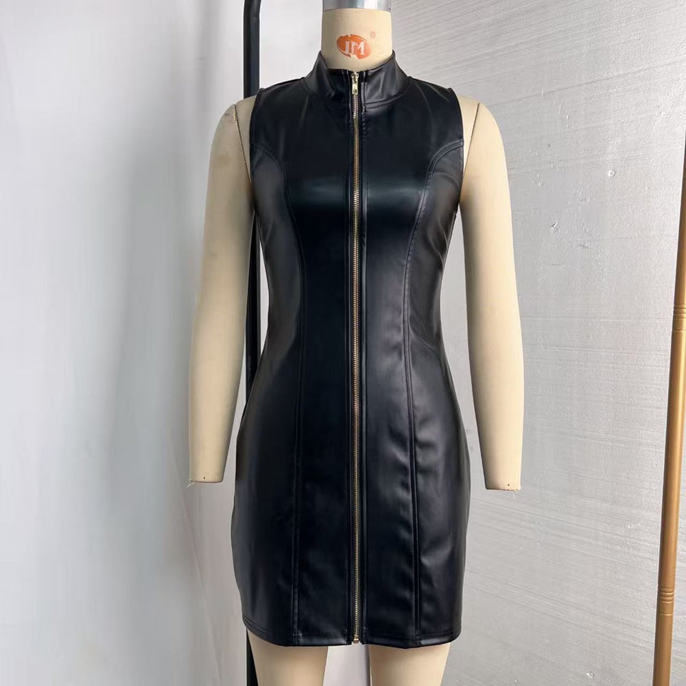 Faux Leather Mock Neck Sleeveless Zip Front Bodycon Mini Dress 4