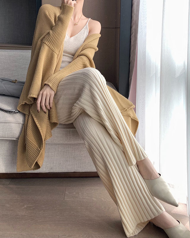 High-waisted draped pitted straight-leg loose knit trousers