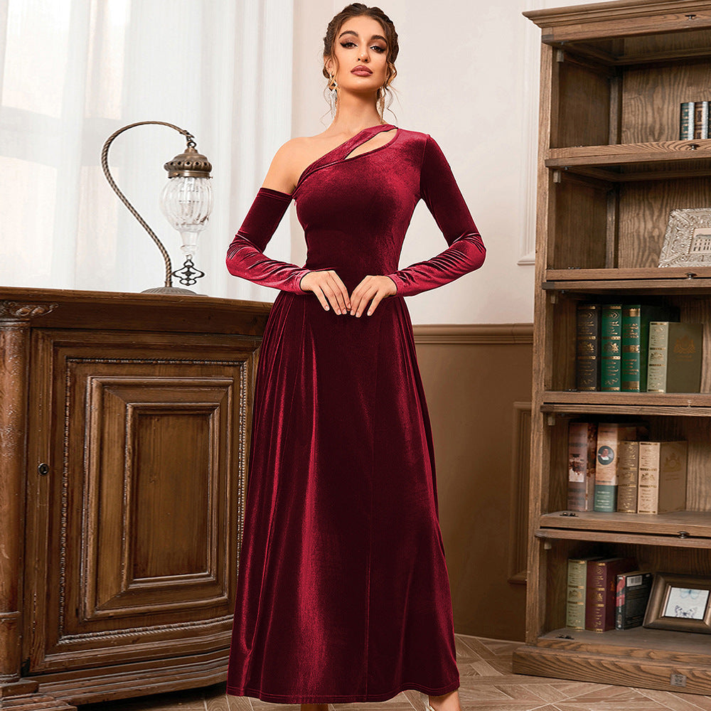 Velvet One Shoulder Long Sleeve Cut Out Fit and Flare Maxi Dress