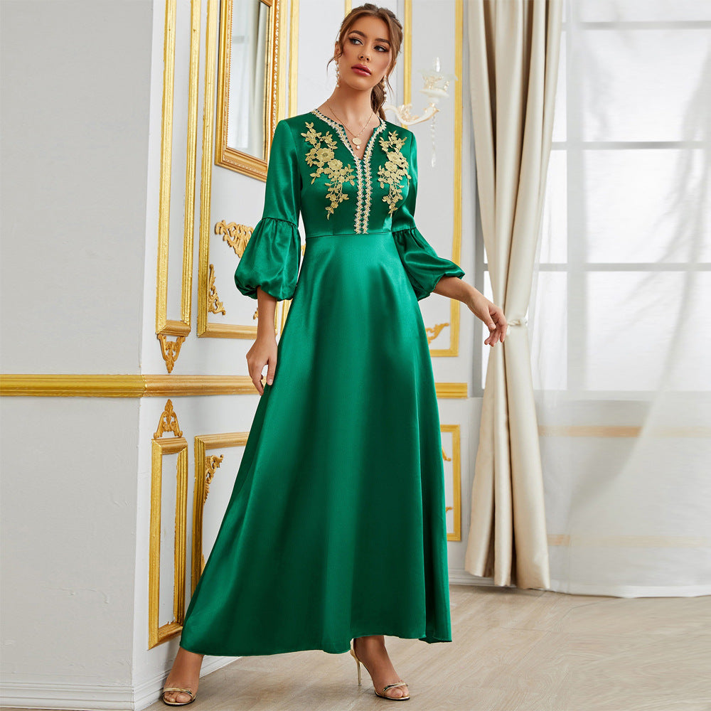 Satin V-Neck Lace Embroidery Puff Sleeve Formal Maxi Gown
