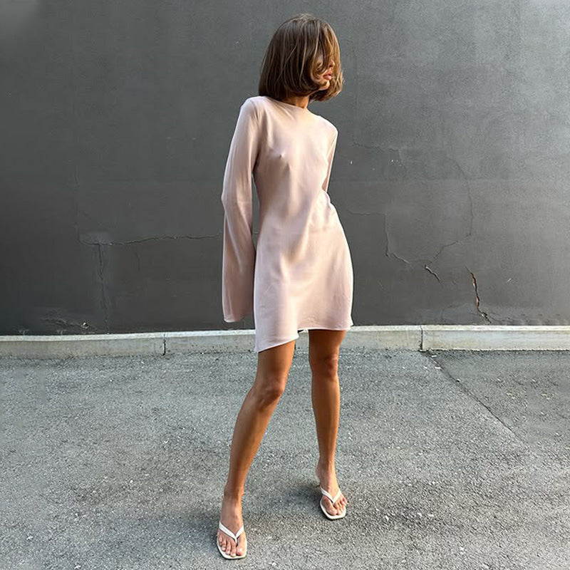 Satin Crew Neck Long Sleeve Bias Cut Shift Mini Dress 3