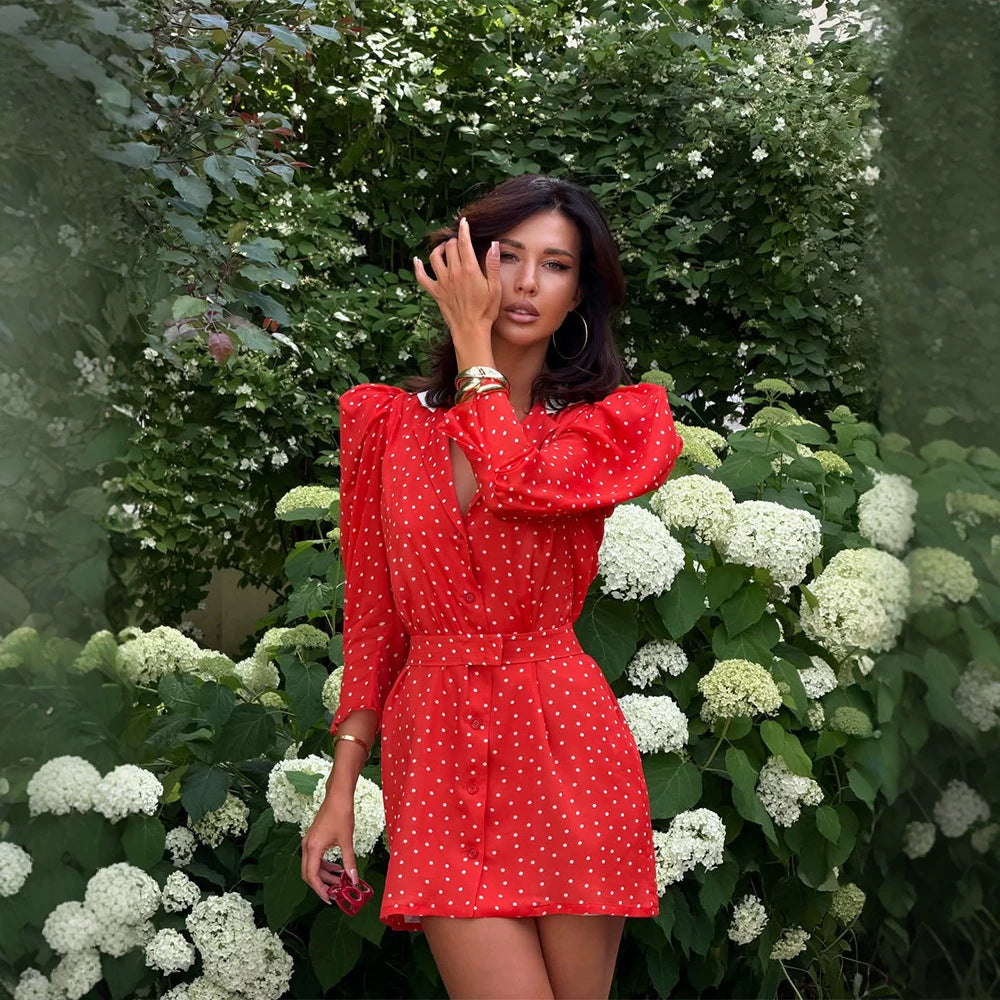 Polka Dot Contrast Collar Puff Sleeve Button Front Belted Mini Dress 3