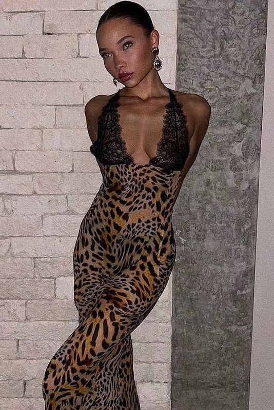 Deep V-Neck Lace Print Fishtail Slip Maxi Dress - View 7