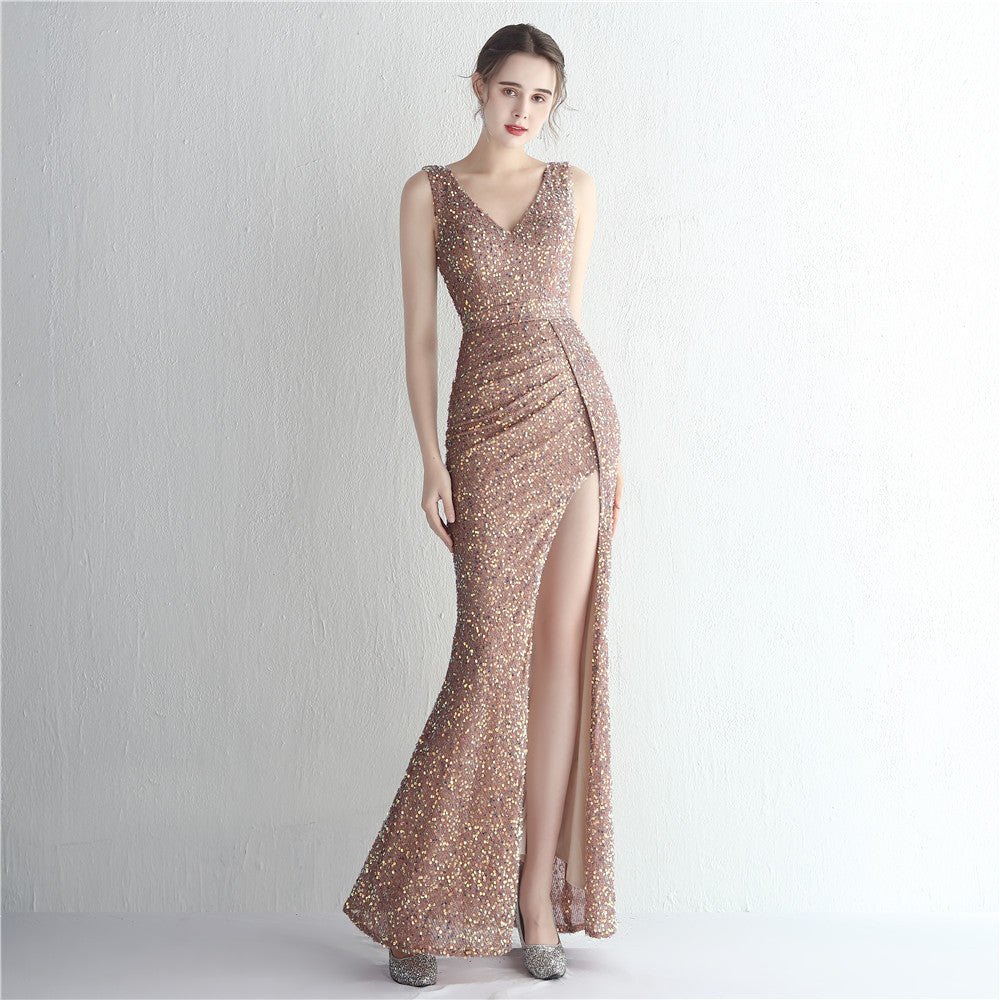 Sequin Deep V-Neck Ruched High Split Mermaid Gown