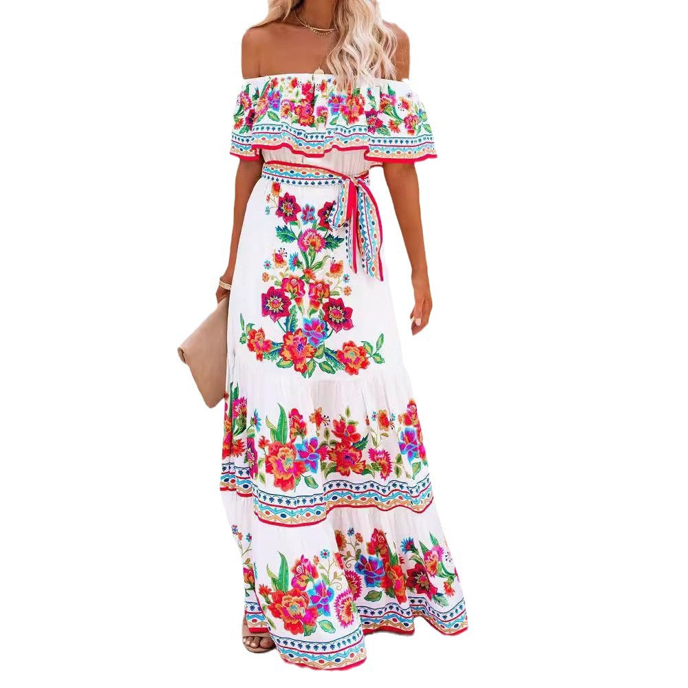 Off Shoulder Floral Ruffle Tiered Belted Maxi Dress 3