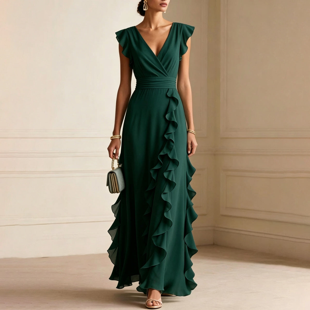 Chiffon Wrap V-Neck Flutter Sleeve Cascading Ruffle Maxi Dress 9
