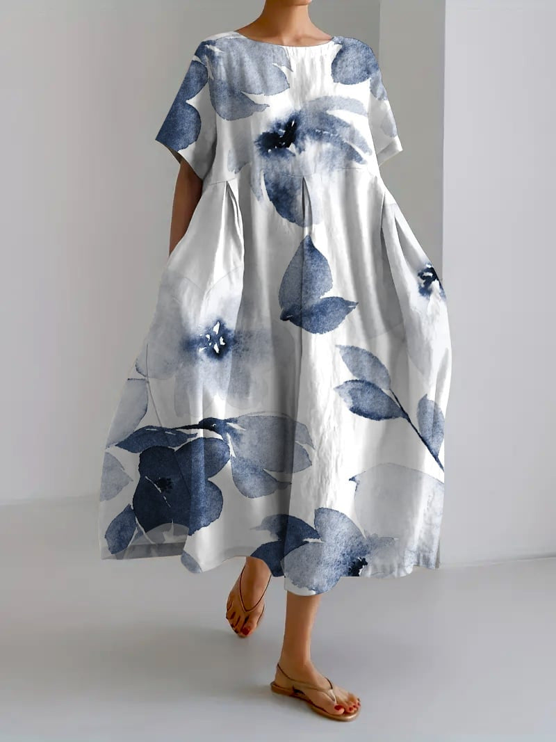 Floral Print Round Neck Drop Shoulder Short Sleeve Oversized Pleated Maxi Dress