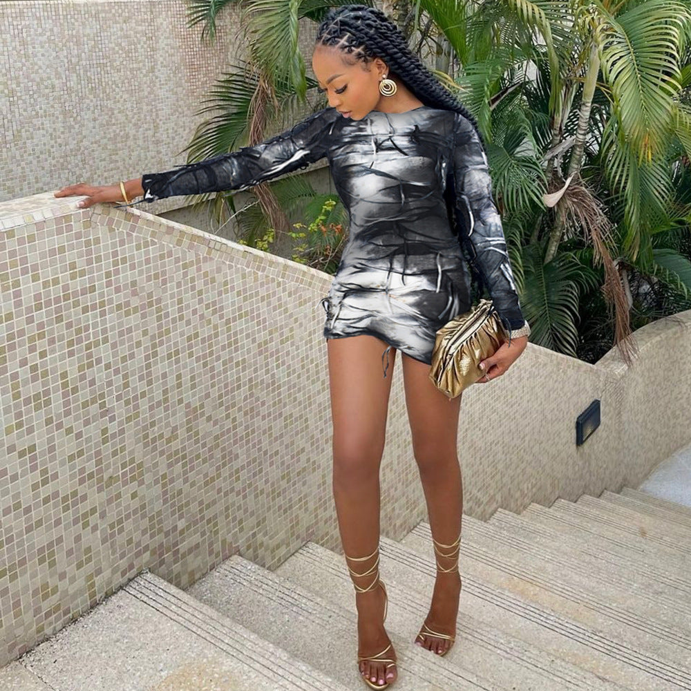 Tie Dye Print Crew Neck Long Sleeve Ruched Drawstring Bodycon Mini Dress 3