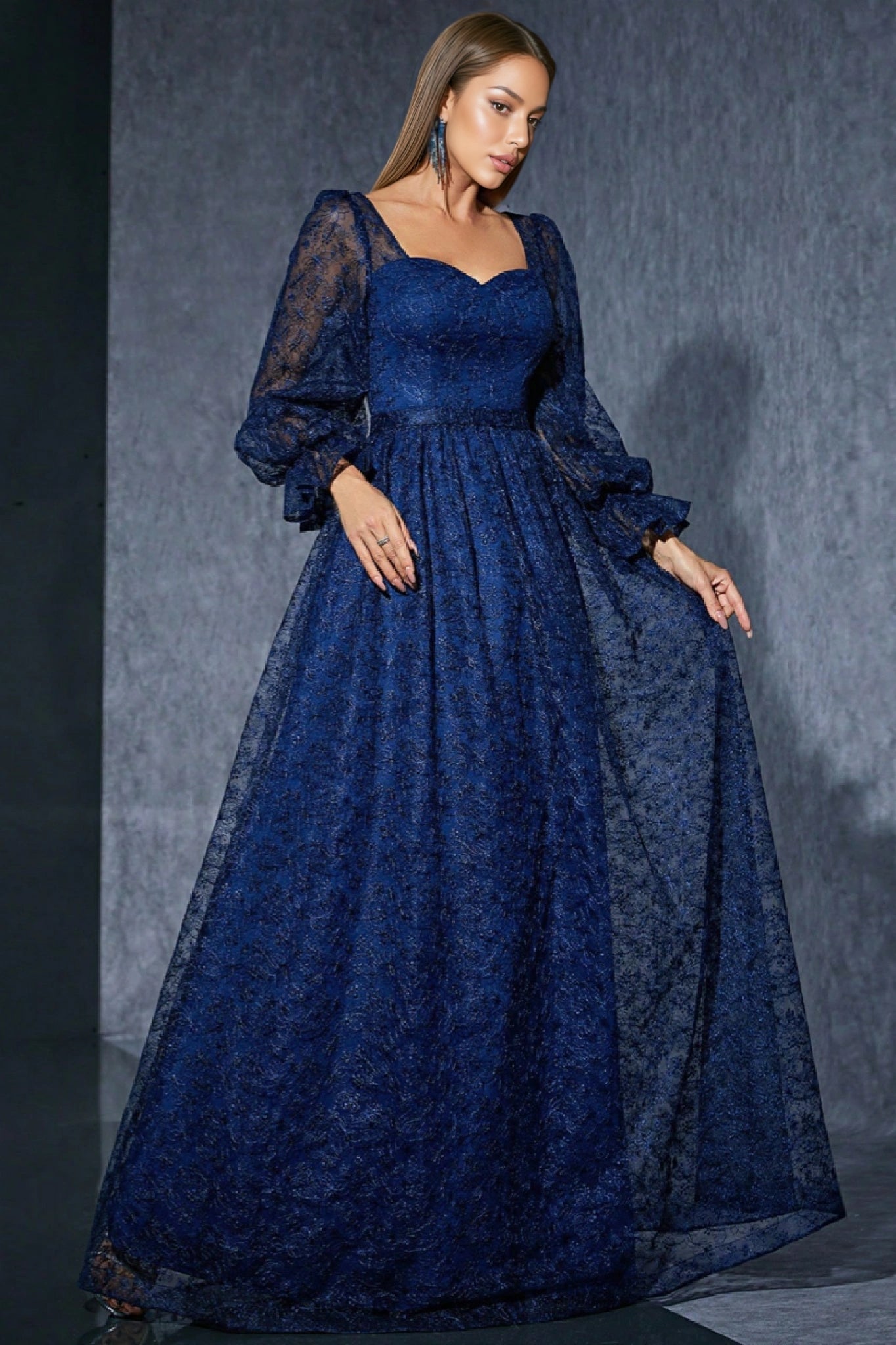 Crana Blue Embroidered Mesh Maxi Dress - View 3