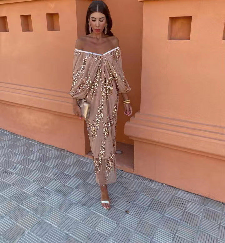 Sequin Off Shoulder Deep V-Neck Lantern Sleeve Mesh Maxi Dress