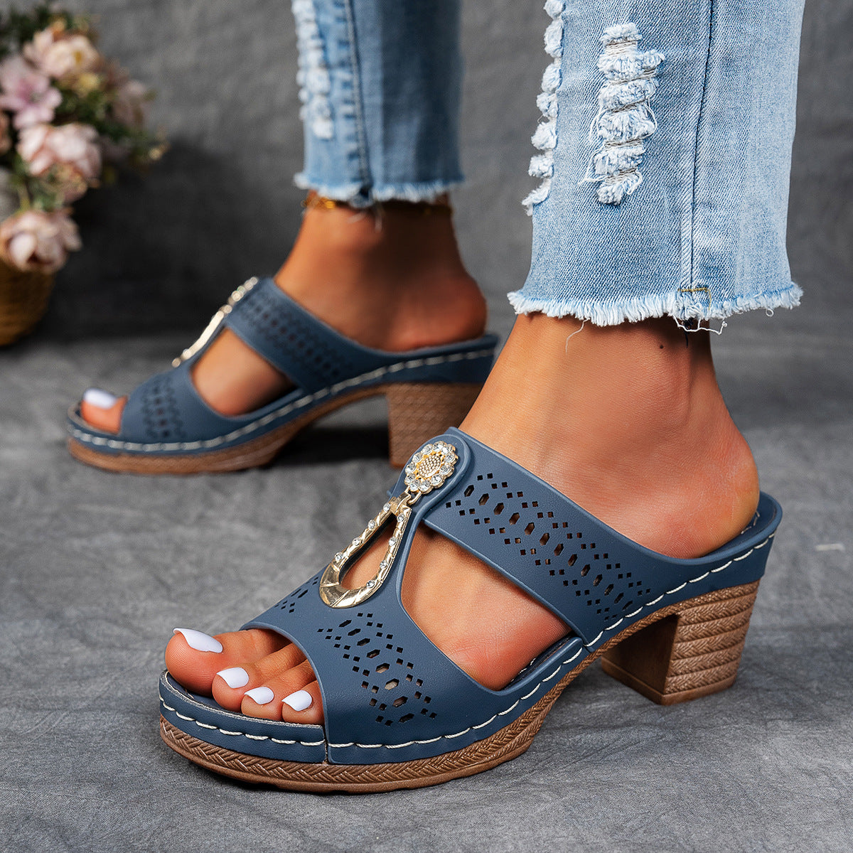 Open Toe Cut Out Embellished Block Heel Platform Slides