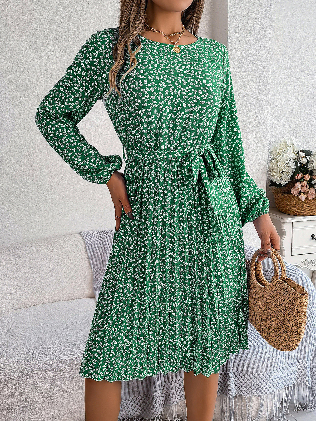 Ditsy Floral Round Neck Long Sleeve Tie Waist Pleated Midi Dress 3