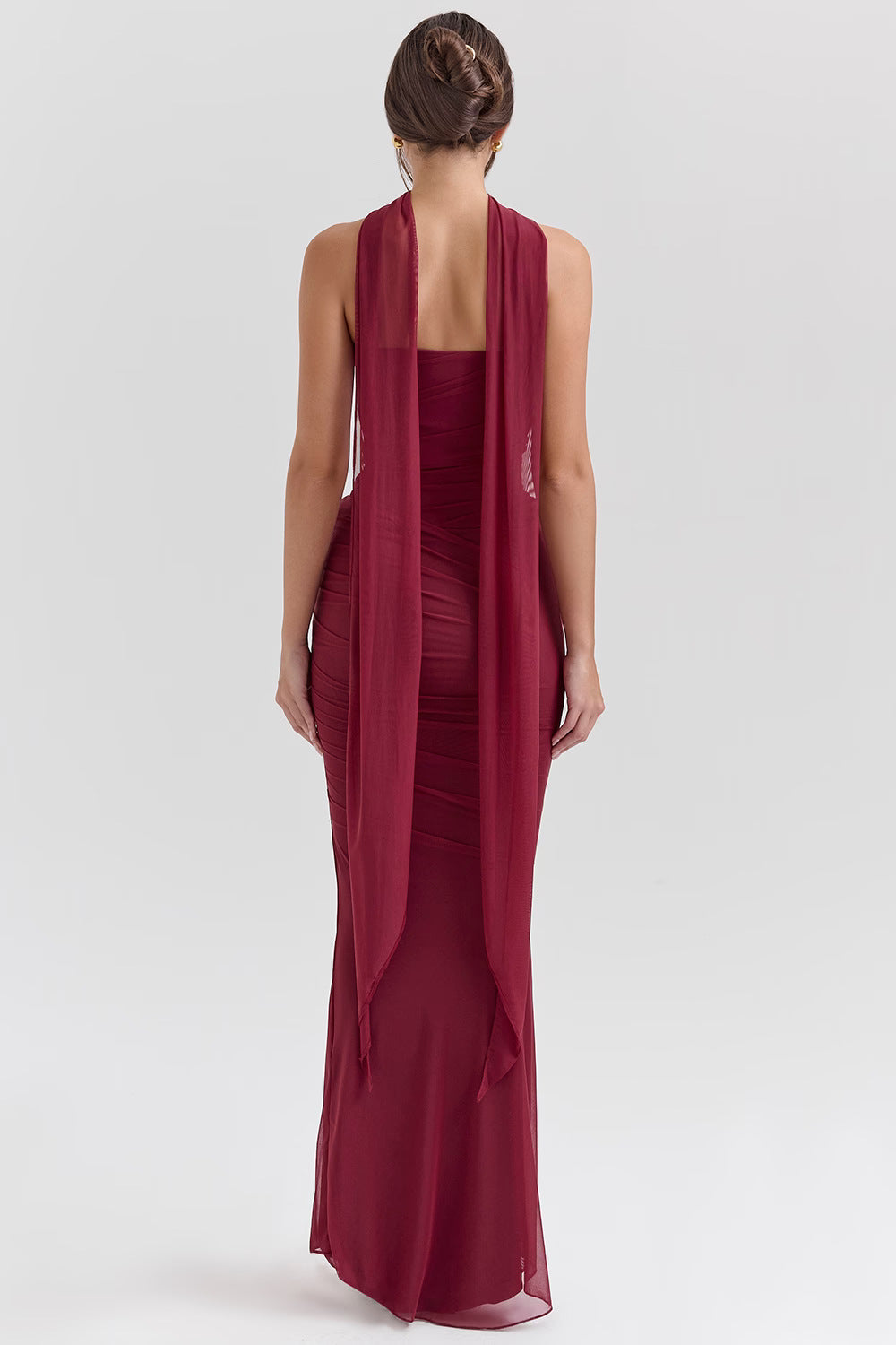 One Shoulder Draped Sash Ruched Fishtail Maxi Gown