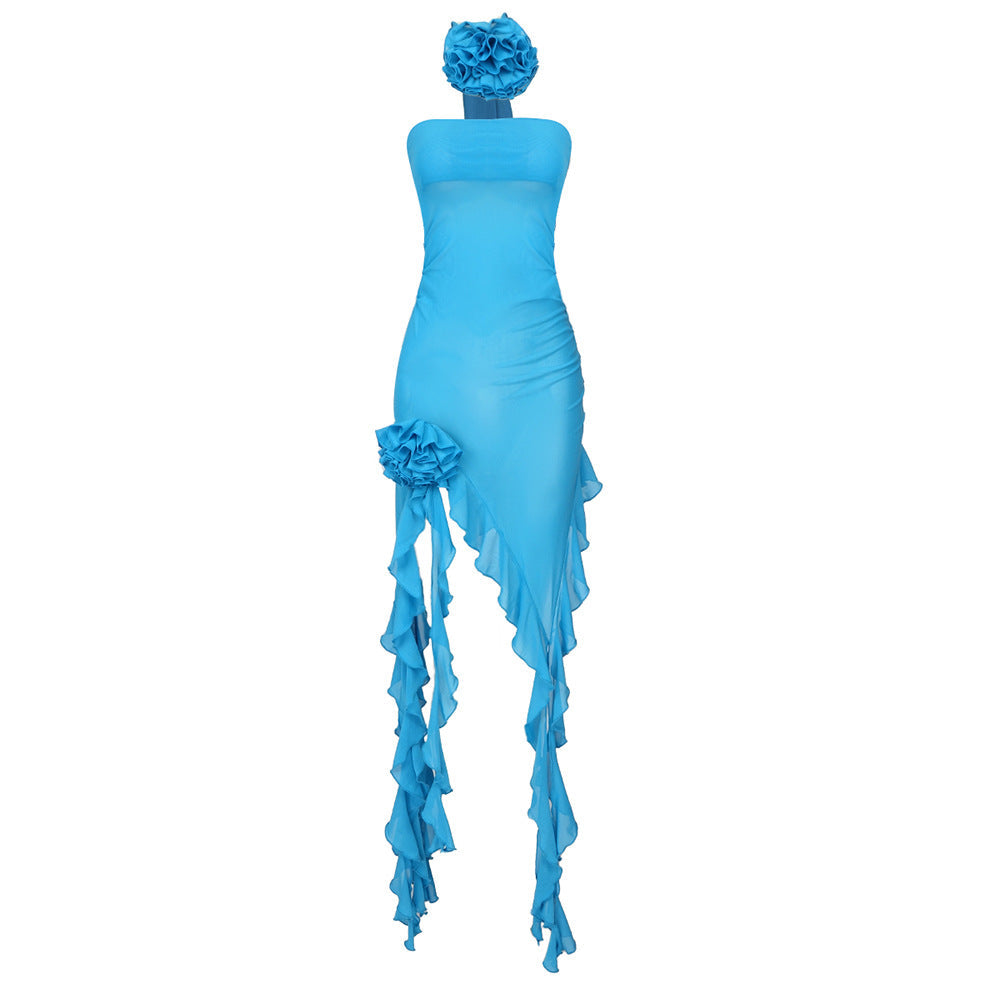 3D Floral Strapless Ruched Ruffle High Low Mini Dress