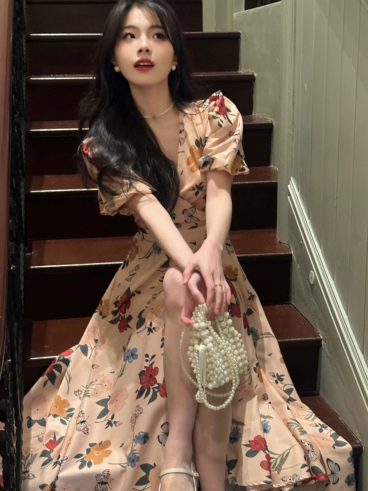 Floral V-Neck Puff Sleeve Fit and Flare Midi Dress 4