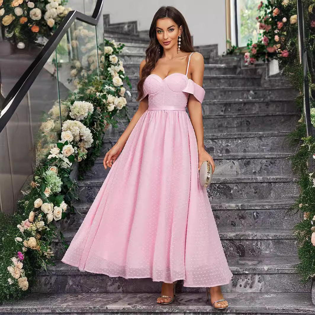 Swiss Dot Sweetheart Bustier Off Shoulder Drape Pleated A-Line Maxi Gown