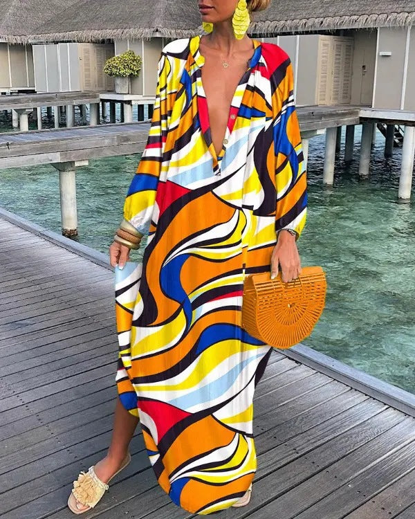 Fall Women Clothing Printed Pullover Long Sleeve V neck Swing Loose Dress