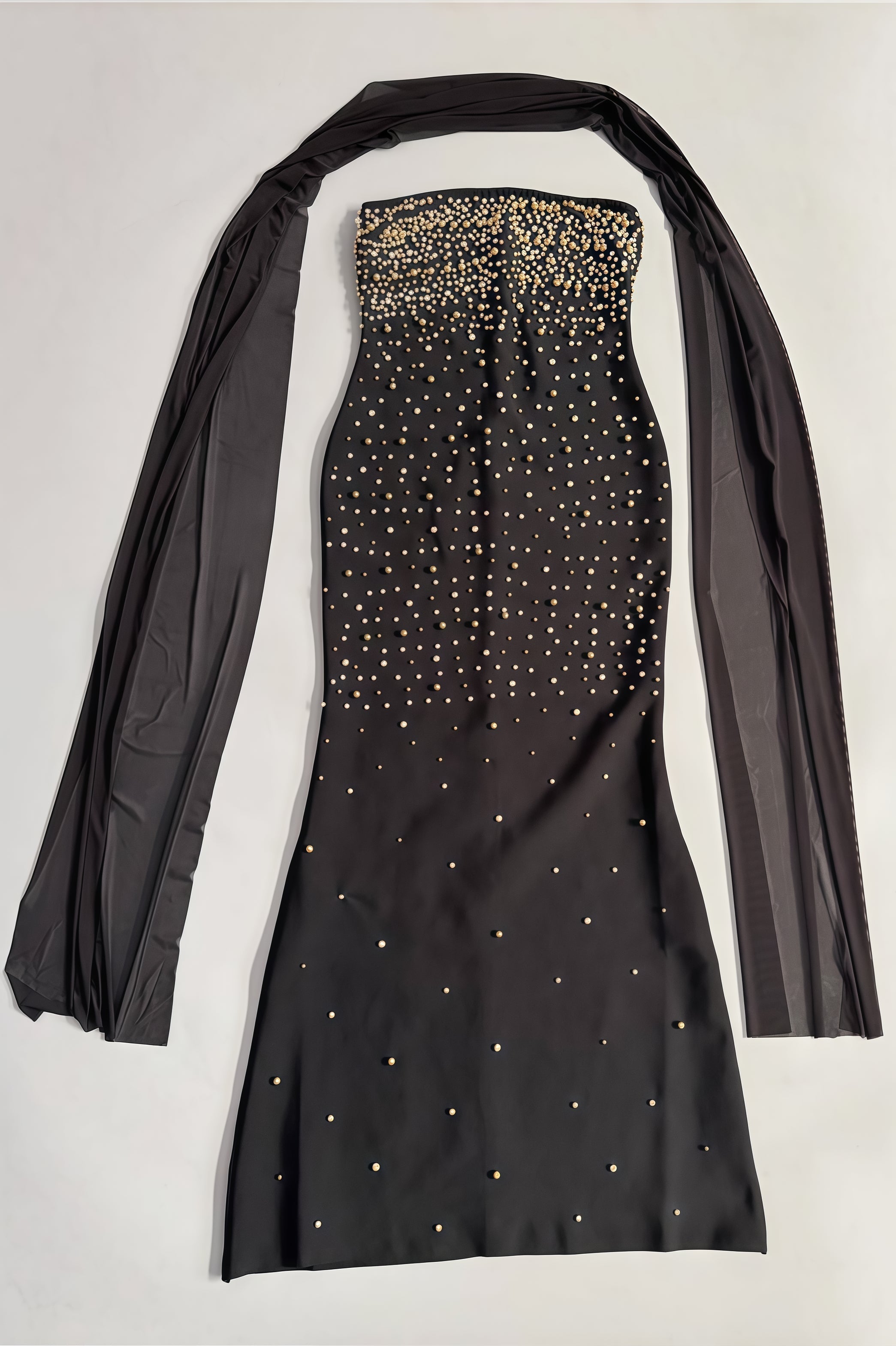 Beaded Strapless Column Sheer Cape Wrap Maxi Gown