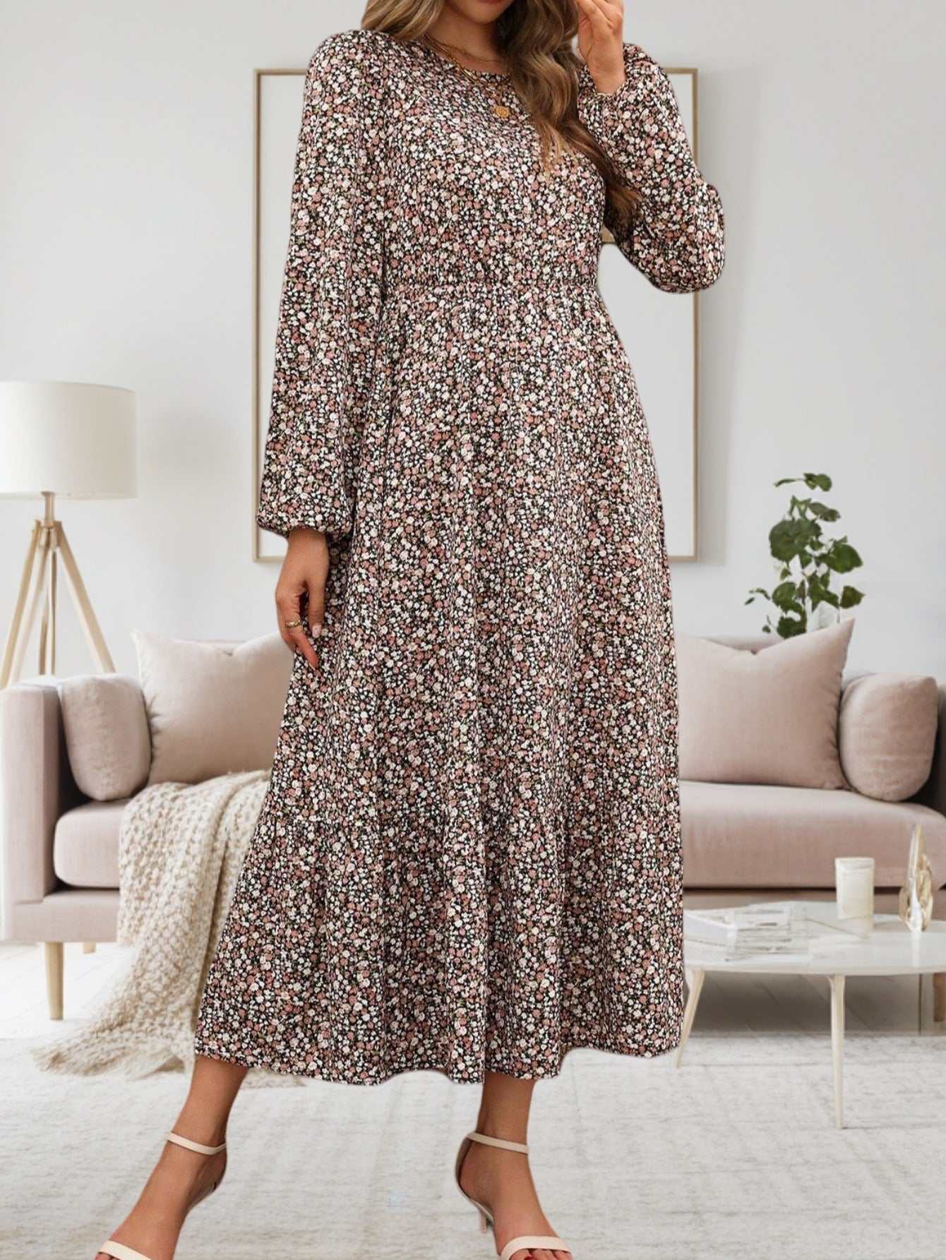 Luisa Chic Women's Flower Print Midi Dress with Long Sleeves Silhouette Collection