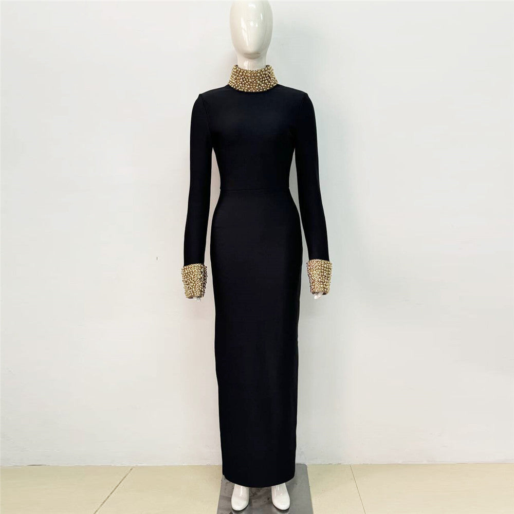 Diamond Bead Backless Long Sleeve Bandage Dress - View 5