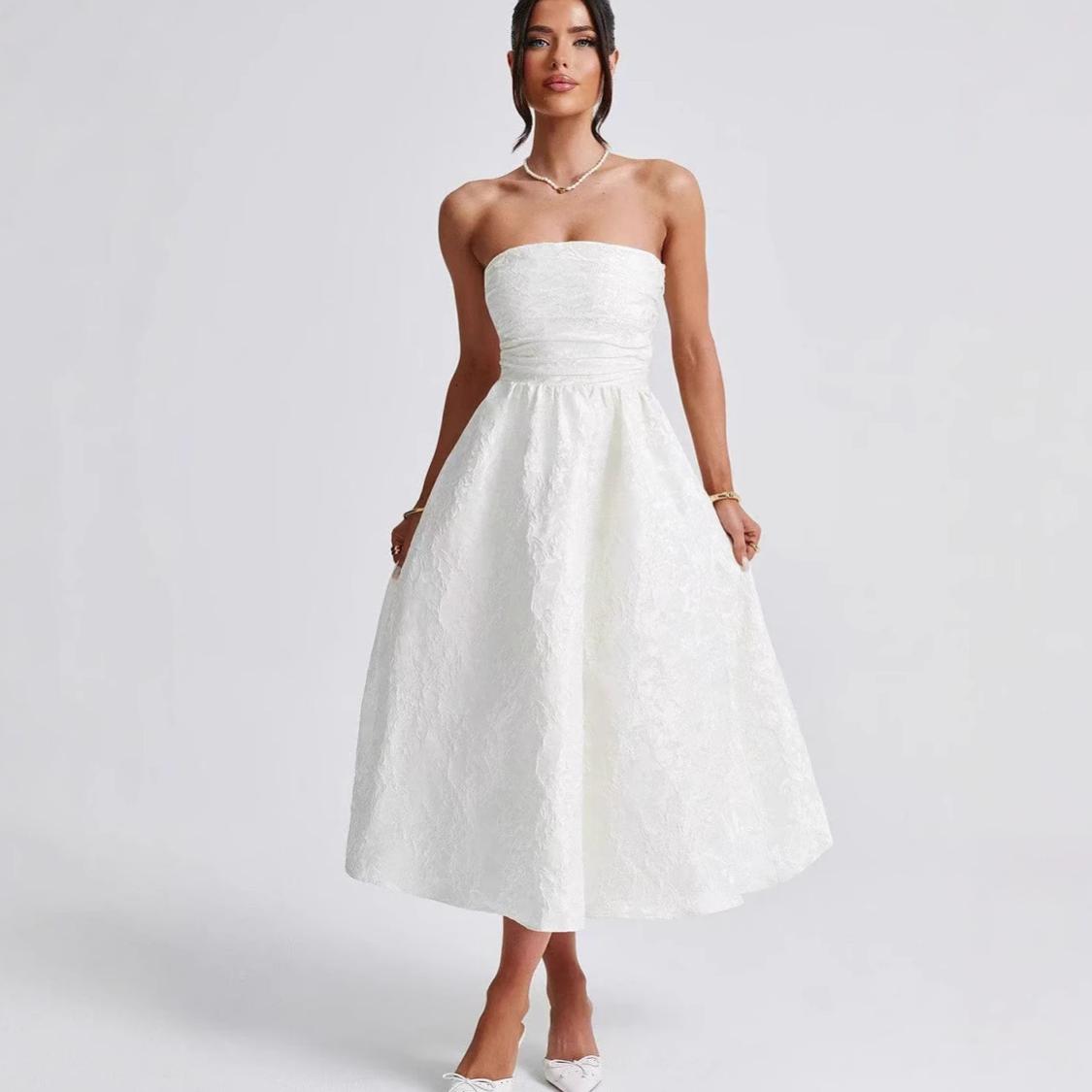 Jacquard Strapless Ruched Waist Fit and Flare Midi Dress