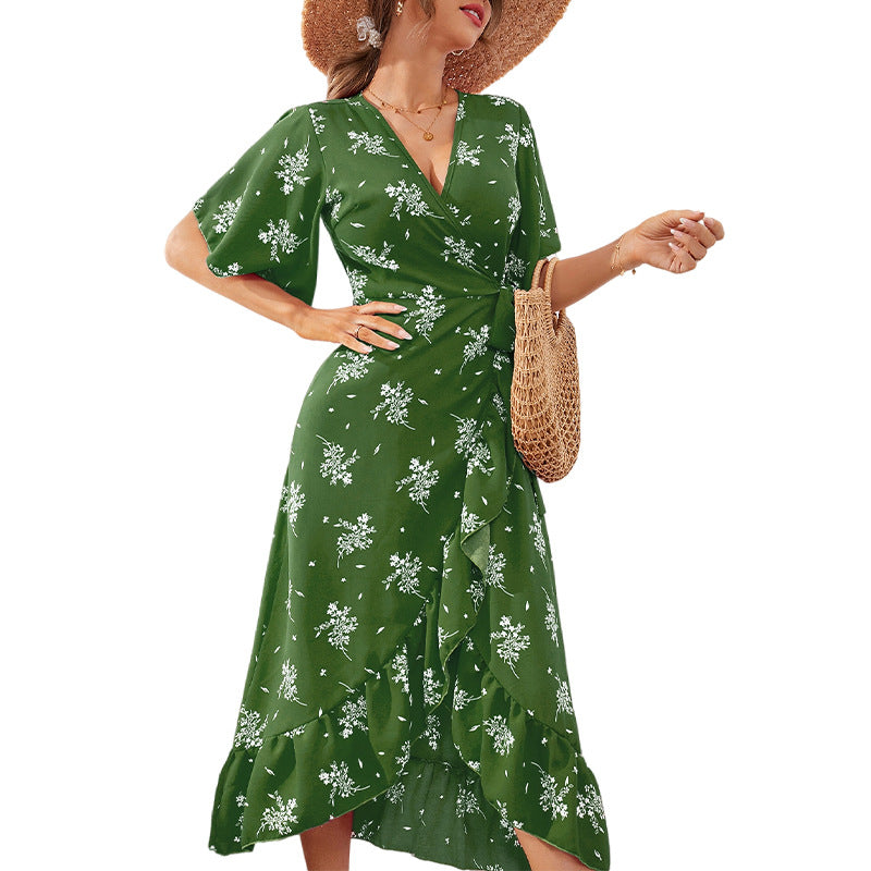 Floral Print Wrap V-Neck Flutter Sleeve Ruffle High Low Midi Dress 6