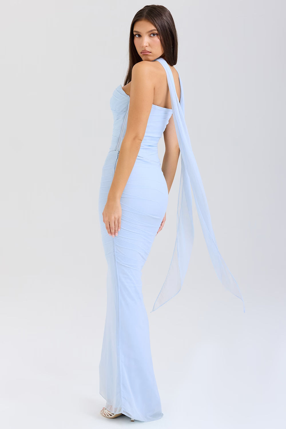 One Shoulder Draped Sash Ruched Fishtail Maxi Gown