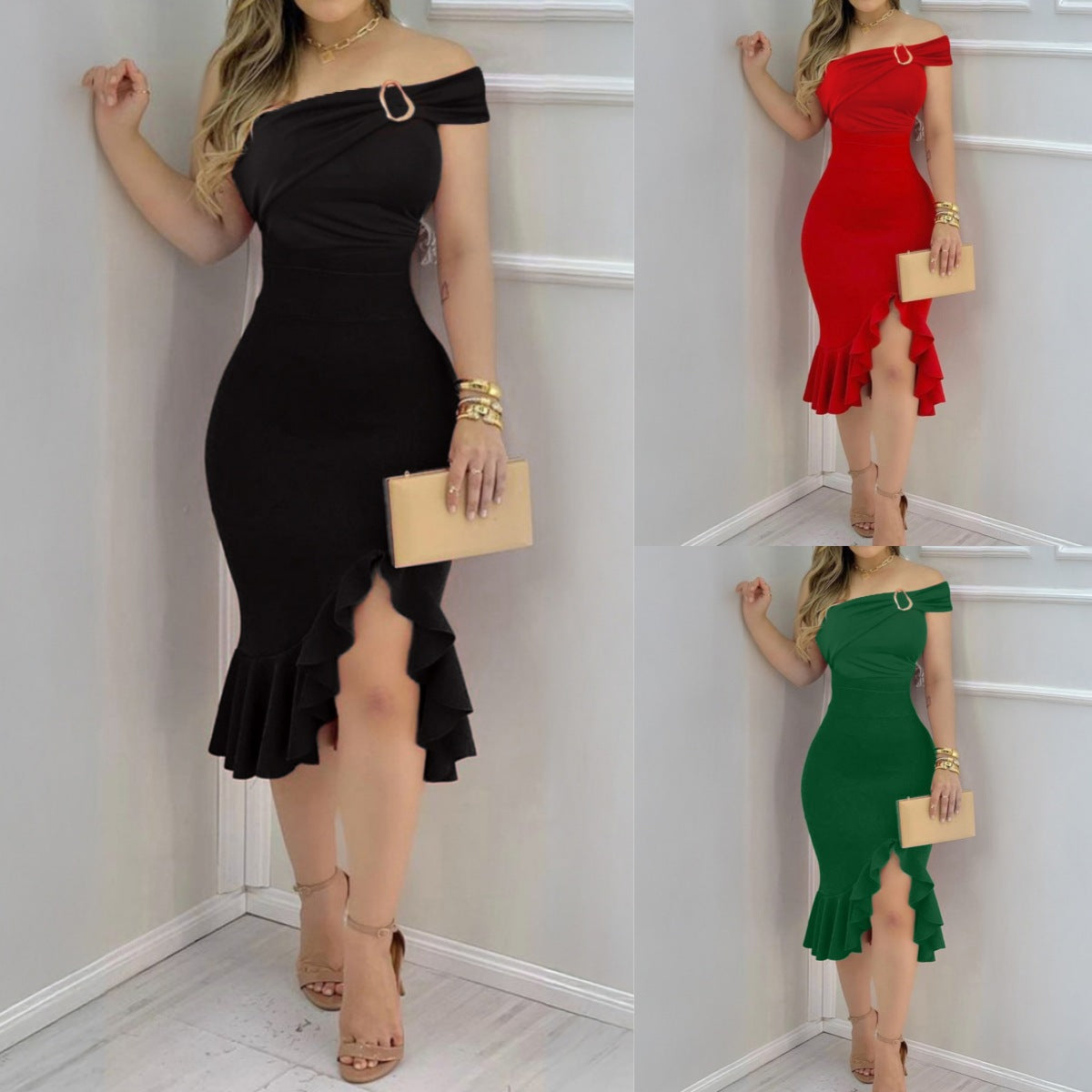Off Shoulder Ring Detail Ruched Ruffle Hem High Split Bodycon Midi Dress