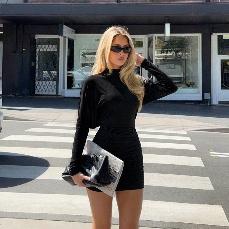 Women Pleated Nipped Waist Slimming Long Sleeves Sexy Dress