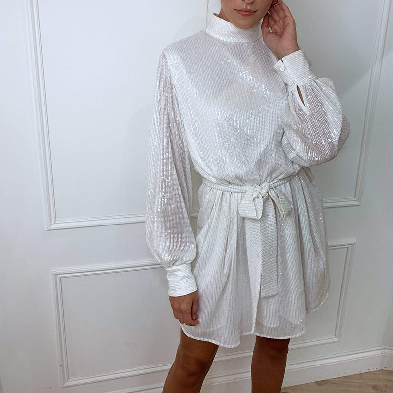 Sequin Mock Neck Long Sleeve Tie Waist Belted Bow Mini Dress