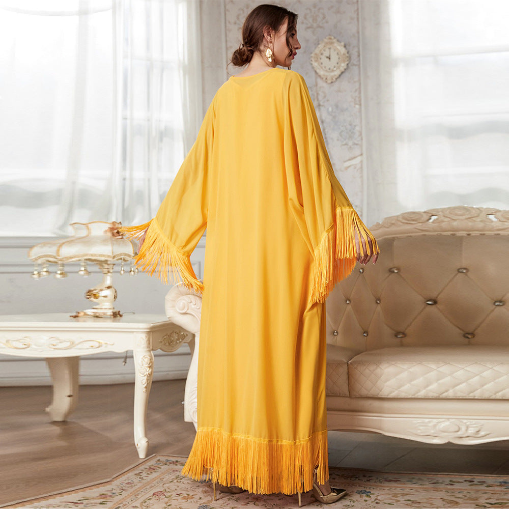 Fringe Trim Wide Sleeve Layered Kaftan Maxi Dress