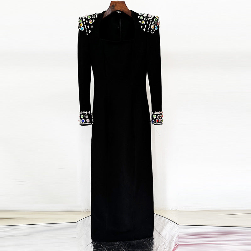 Square Neck Long Sleeve Beaded Column Maxi Evening Gown