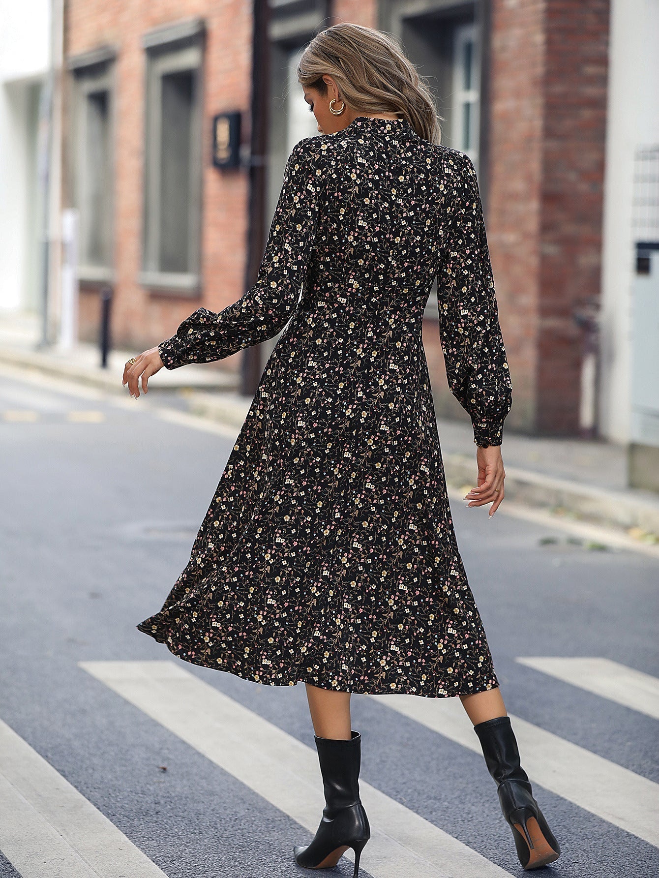 Floral Print Mock Neck Keyhole Bishop Sleeve A-Line Midi Dress