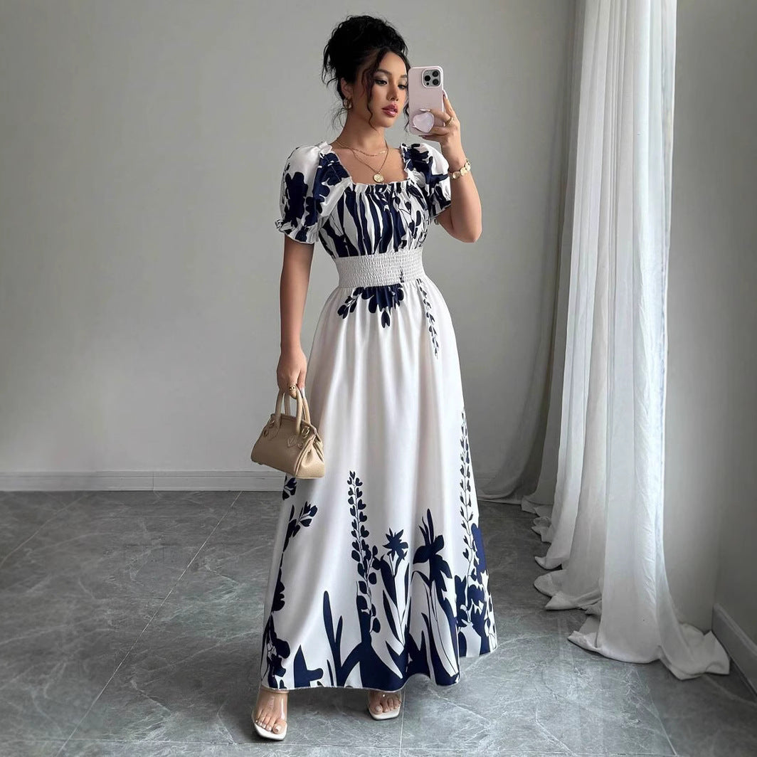 Floral Print Square Neck Puff Sleeve Smocked Waist A-Line Maxi Dress 3