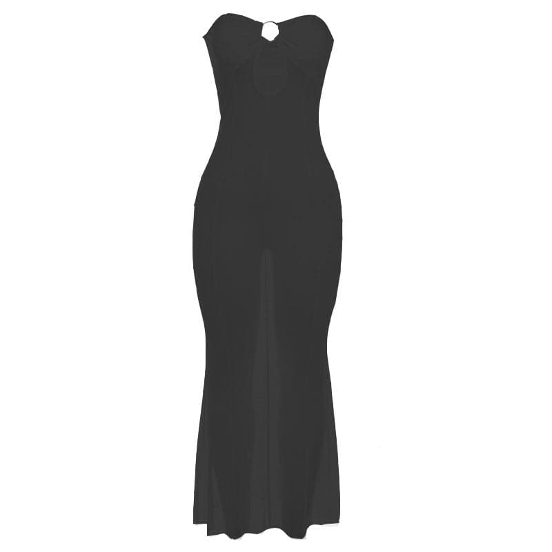 Mesh see through o ring hollow out backless tube maxi dress 2