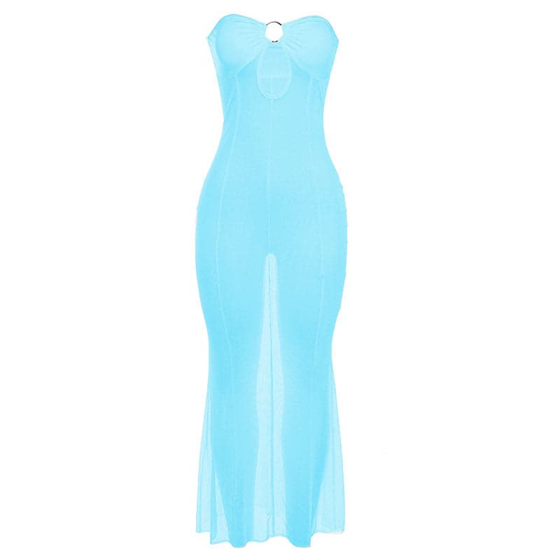 Mesh see through o ring hollow out backless tube maxi dress 11