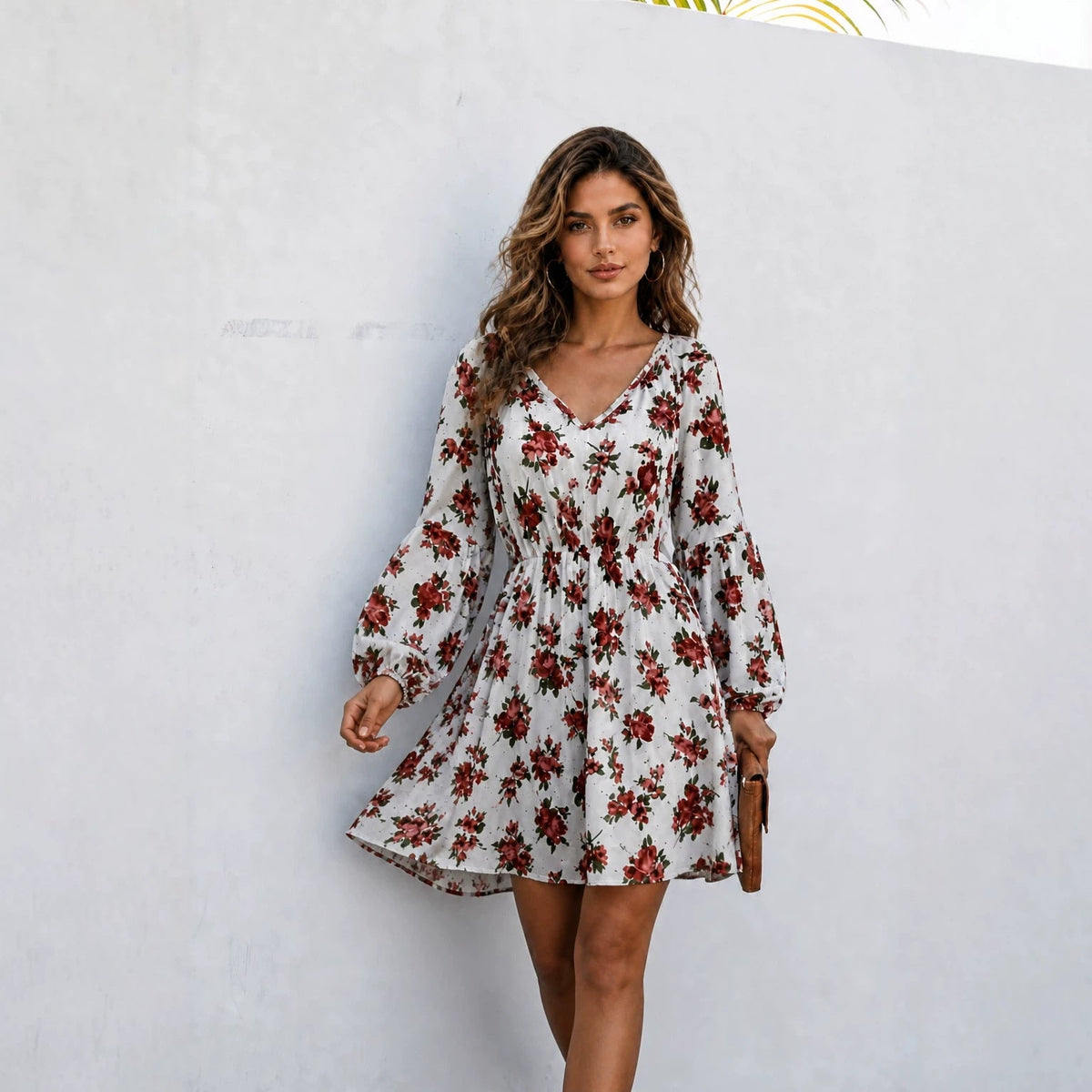 Floral Print V-Neck Lantern Sleeve Elastic Waist Mini Dress