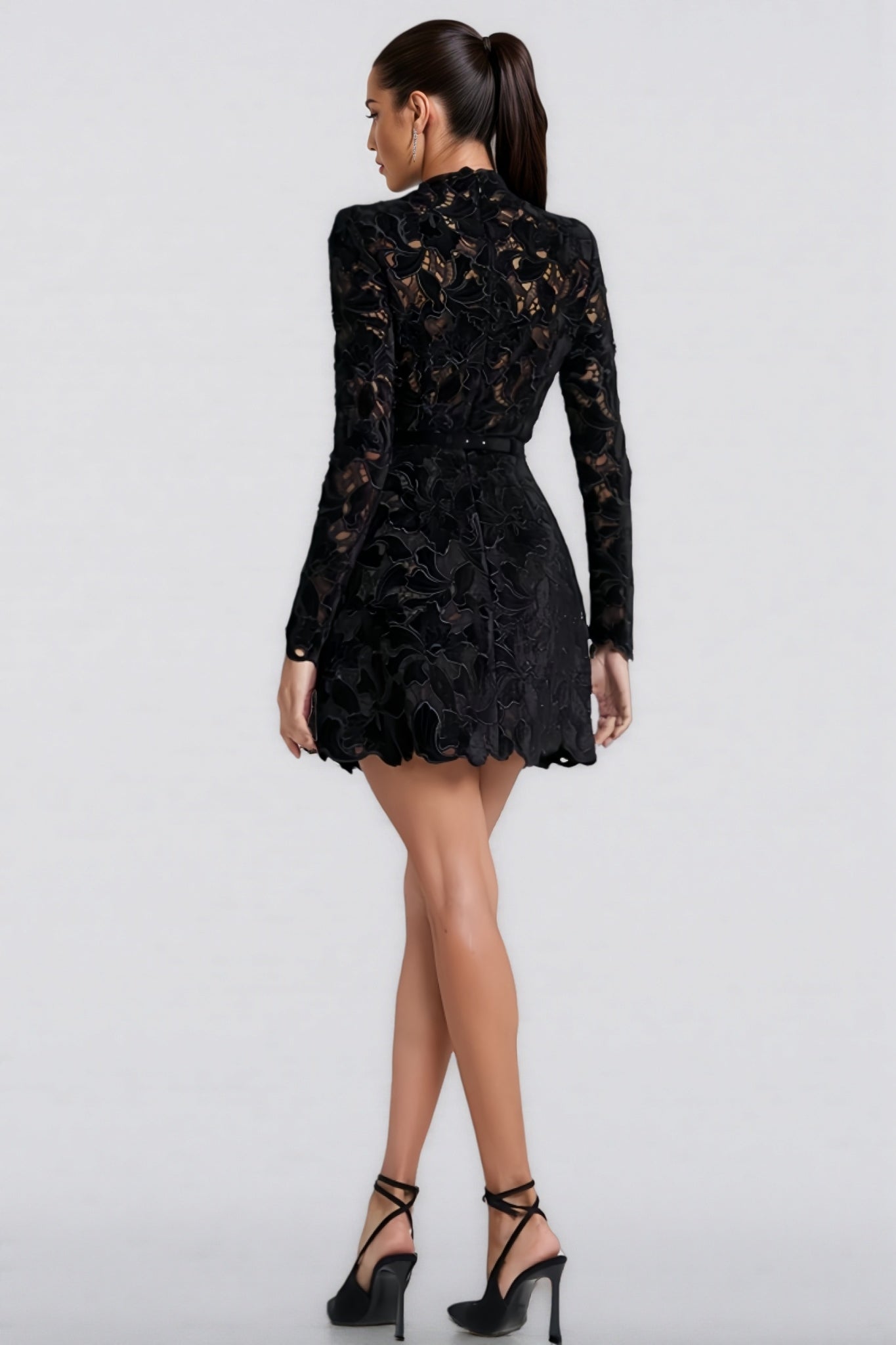 Vali Long Sleeve Lace Mini Dress-Black - View 4