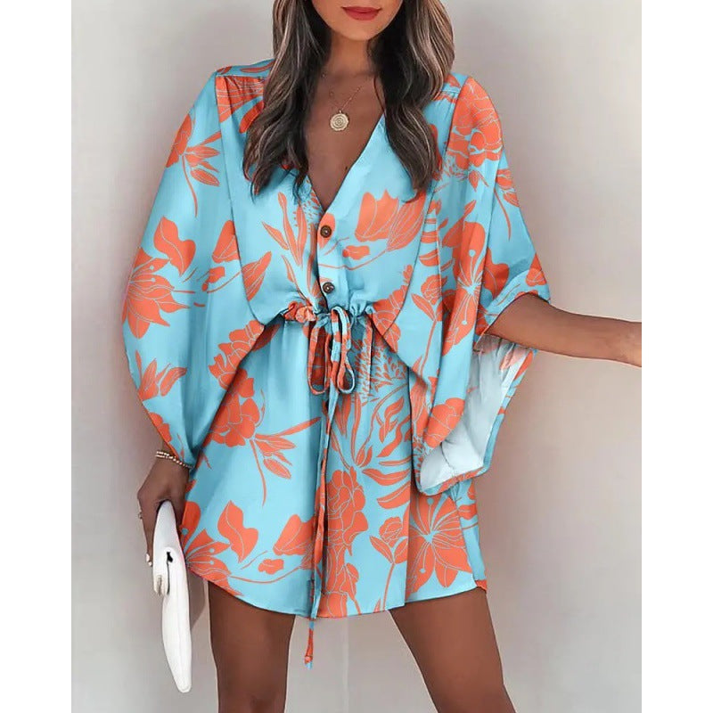 Abstract Geometric Print Deep V-Neck Batwing Sleeve Button Up Mini Dress