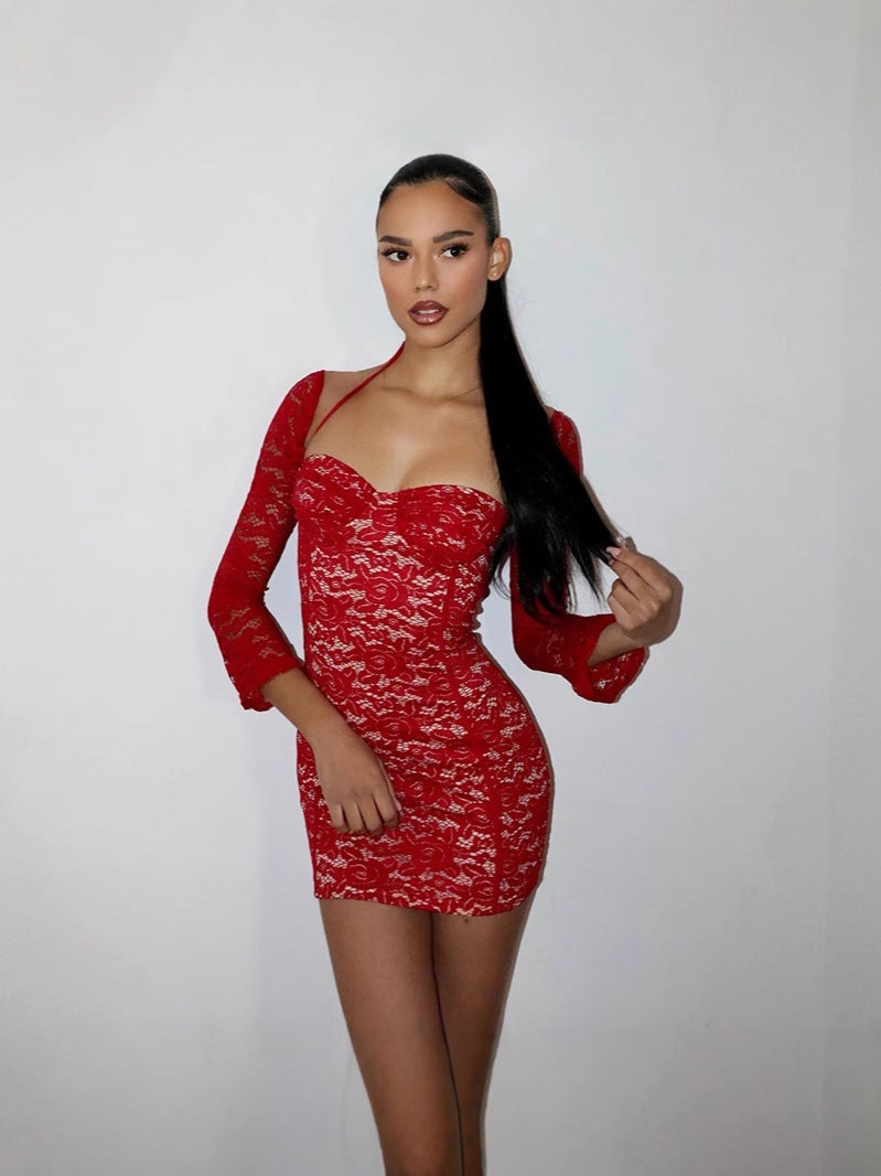 Lace Halter Neck Long Sleeve Bustier Bodycon Mini Dress