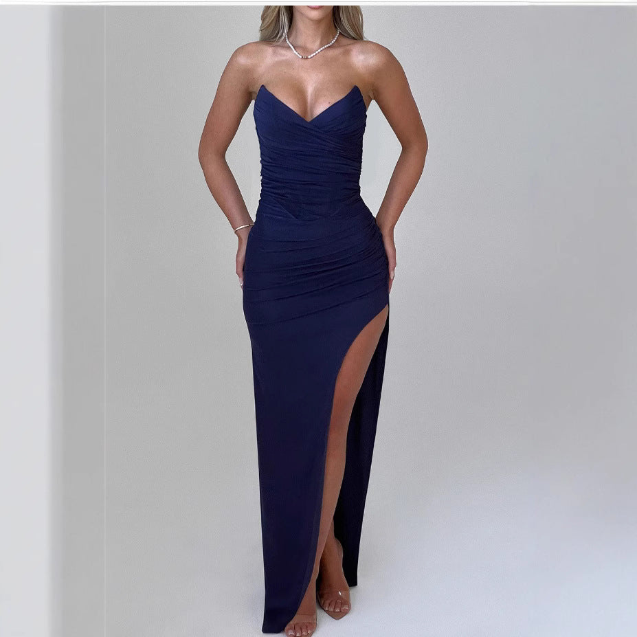 Strapless Sweetheart Ruched Crossover Wrap High Split Maxi Gown