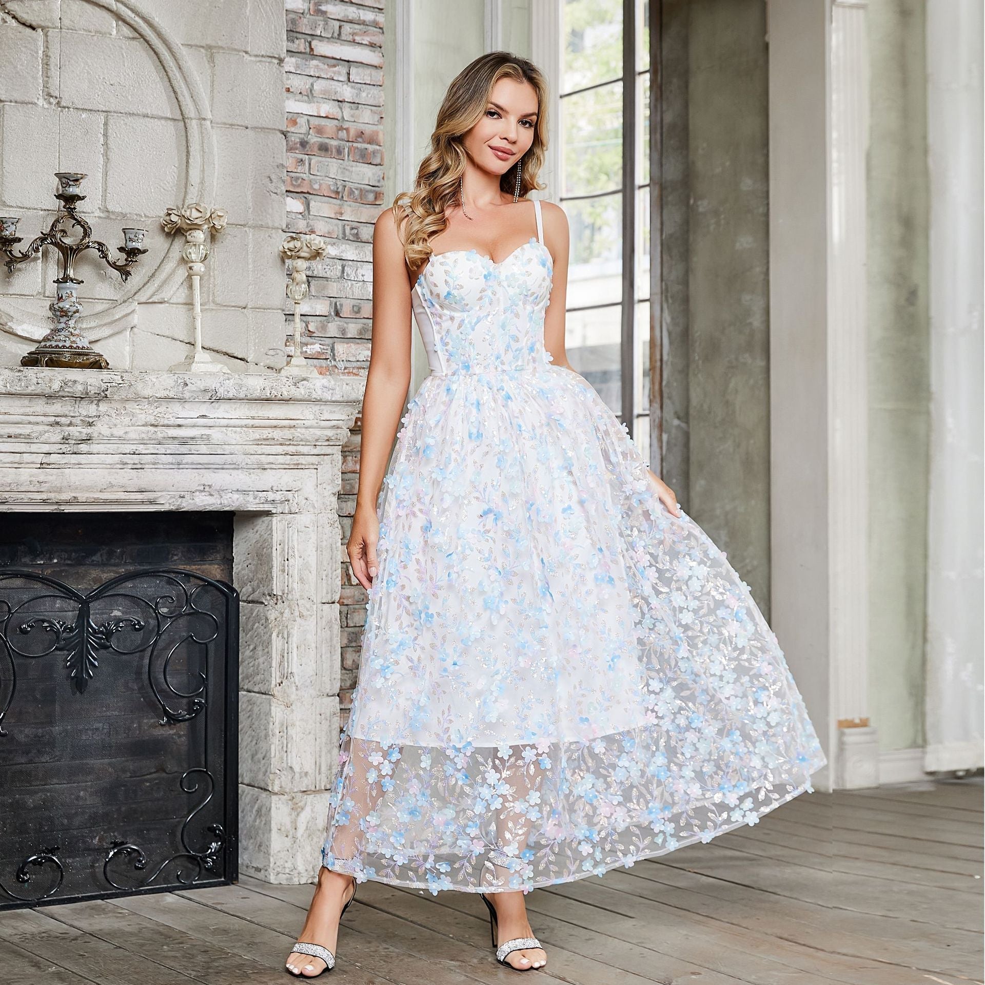 Floral Sweetheart Spaghetti Strap Corset Tulle A-Line Midi Dress