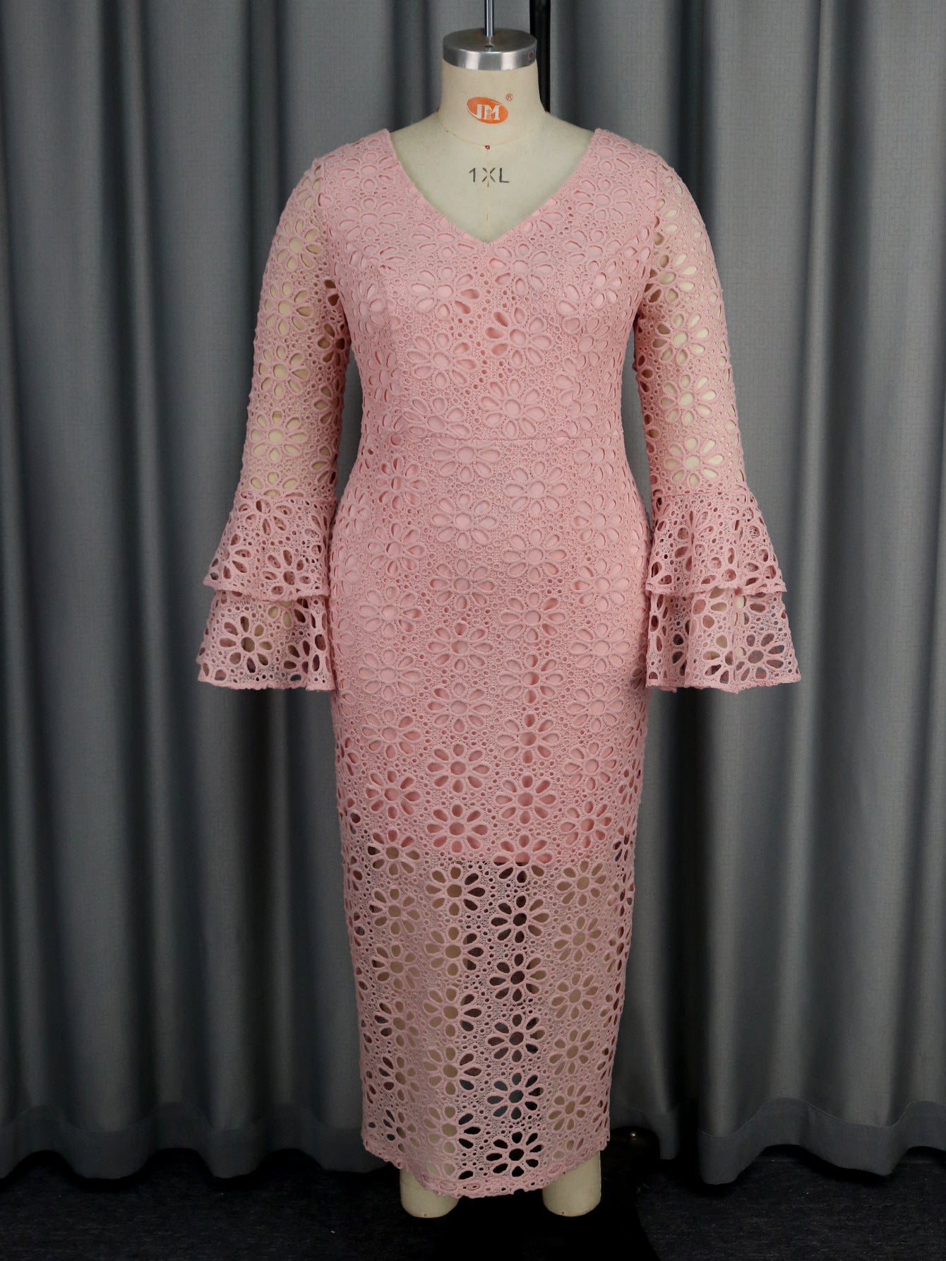 Lace Eyelet V-Neck Tiered Bell Sleeve Partial Sheer Lined Midi Dress
